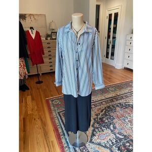 Chicos Womens Black White Striped Button Shirt Metallic Silver Detail Size 2.5